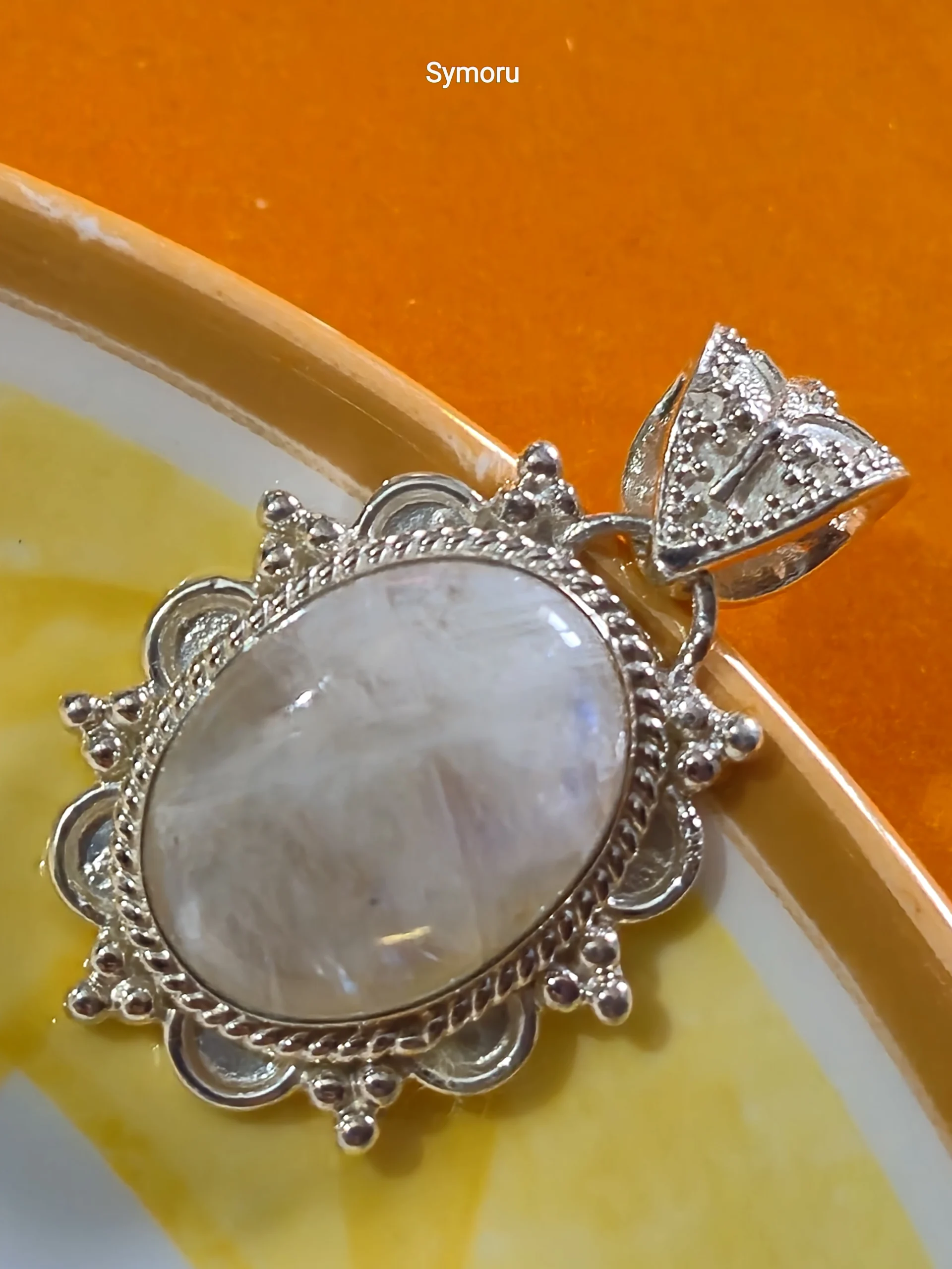 925 Sterling Silver Rainbow Moonstone Oval Pendant | Handmade Floral Silver Pendant by Symoru - Image 4