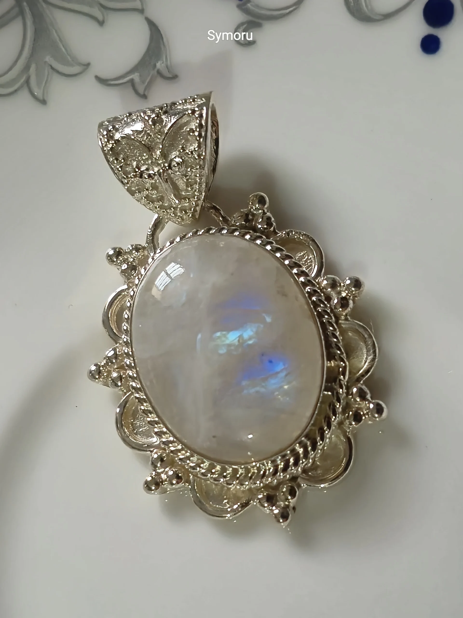 925 Sterling Silver Rainbow Moonstone Oval Pendant | Handmade Floral Silver Pendant by Symoru