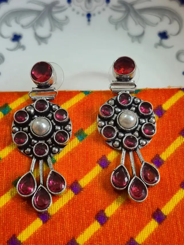 Vintage Silver Look Brass Earrings with Red Stone & Pearl Drop