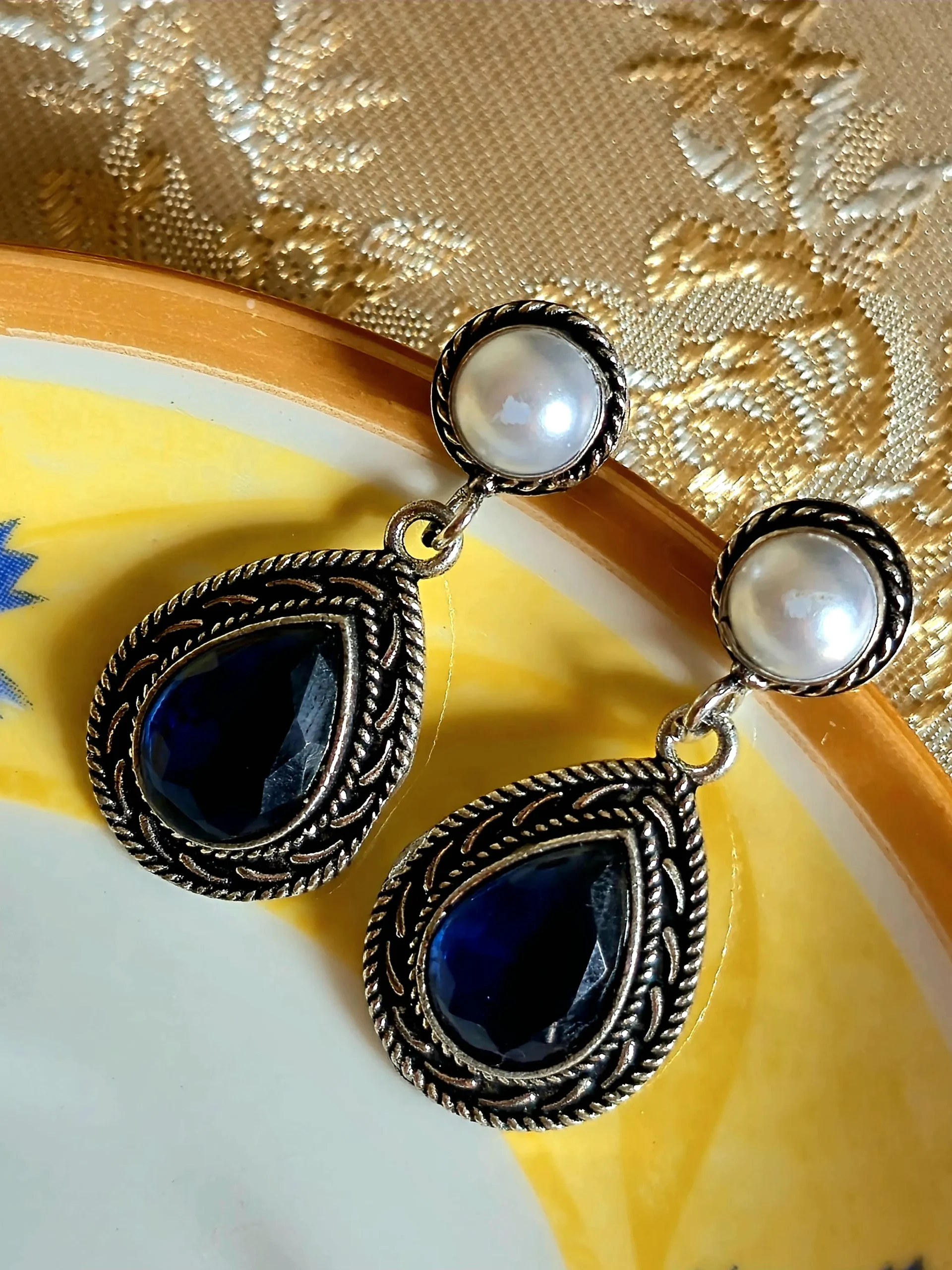 Oxidized Brass Blue Stone Teardrop Earrings with Pearl Stud | Handmade Vintage Drop Earrings for Women | Ethnic Boho Jewelry