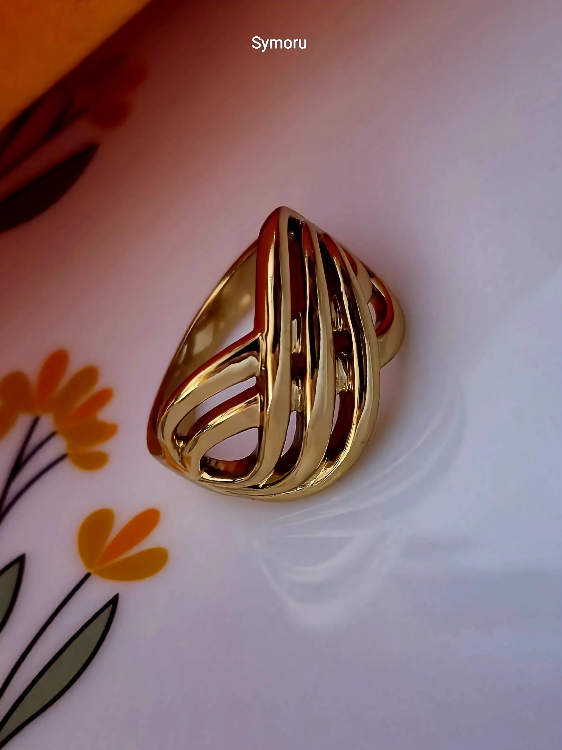 Gold Tone Multi-Line Open Cage Brass Ring for Women | Contemporary Statement Band | Designer Fashion Ring by Symoru - Image 2