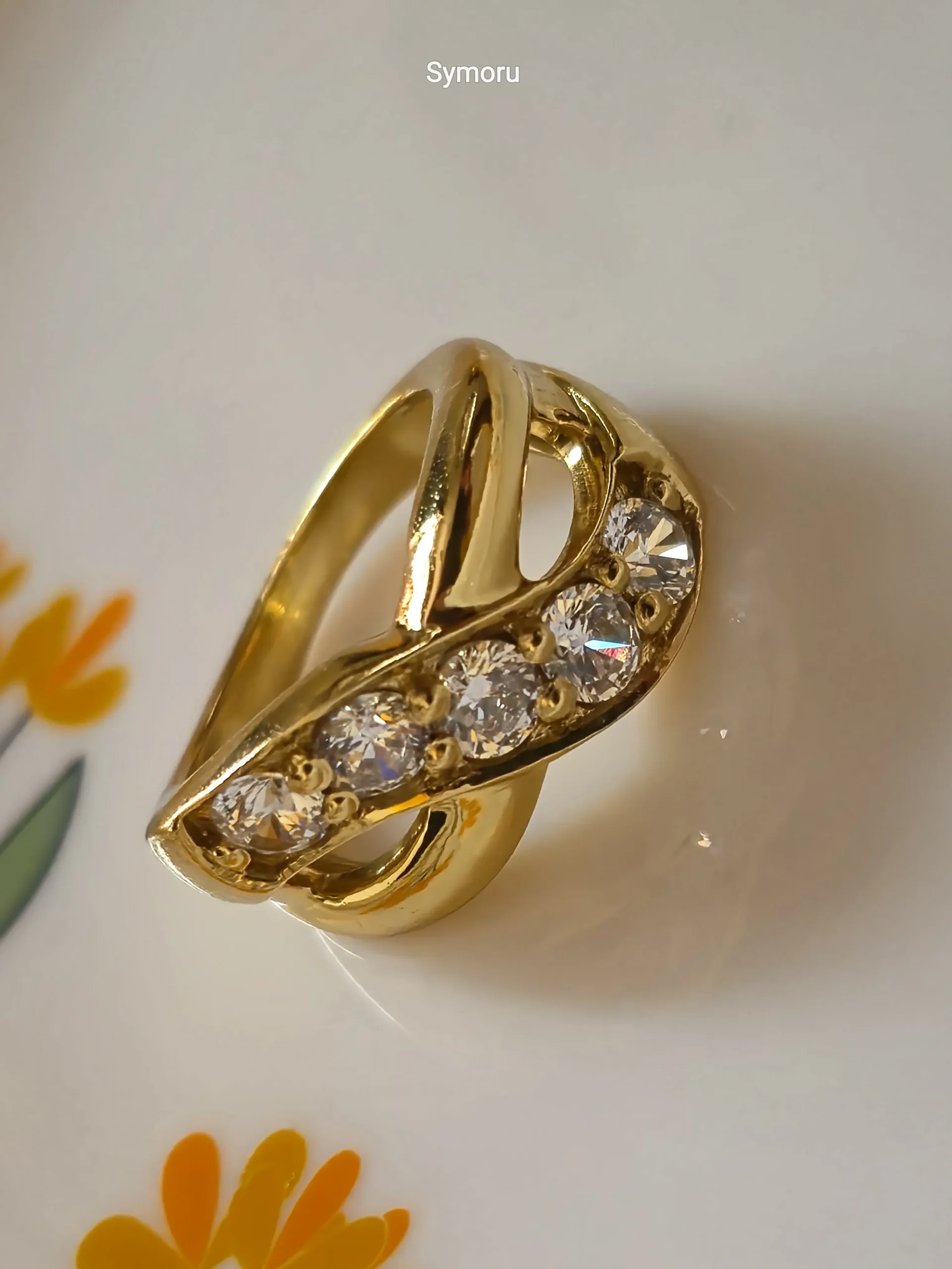 Golden Flow Five Stone CZ Gold Plated Brass Ring | Contemporary Wave Design Ring | Symoru