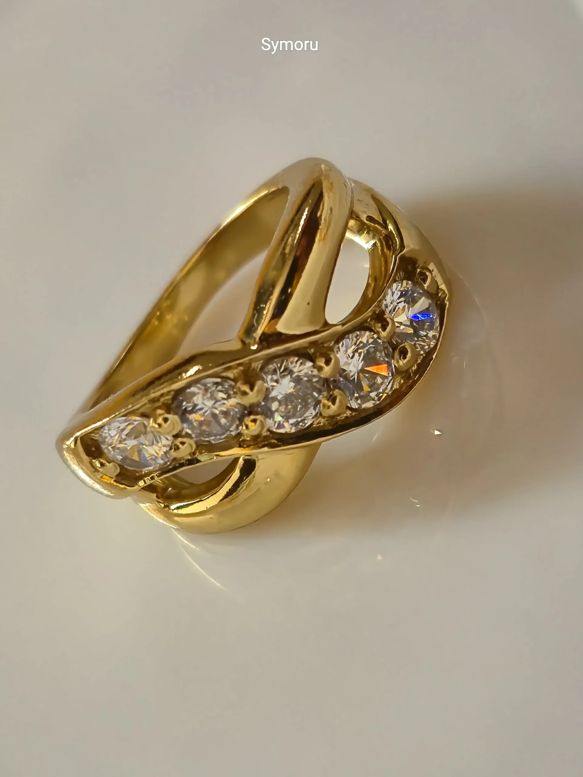 Golden Flow Five Stone CZ Gold Plated Brass Ring | Contemporary Wave Design Ring | Symoru - Image 2