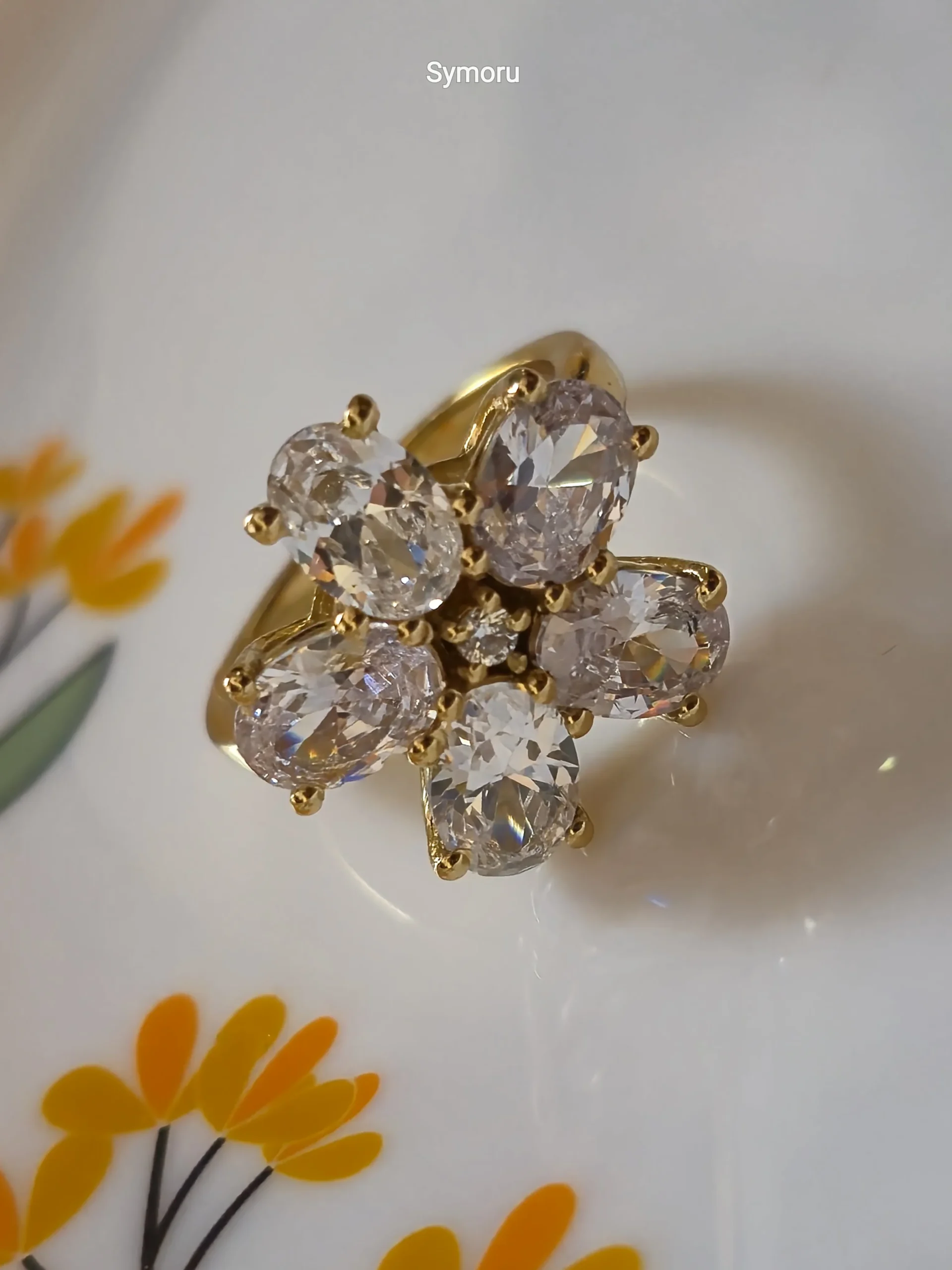 Floral Cluster Cubic Zirconia Gold Ring for Women | Diamond Look Flower Ring | Symoru - Image 3