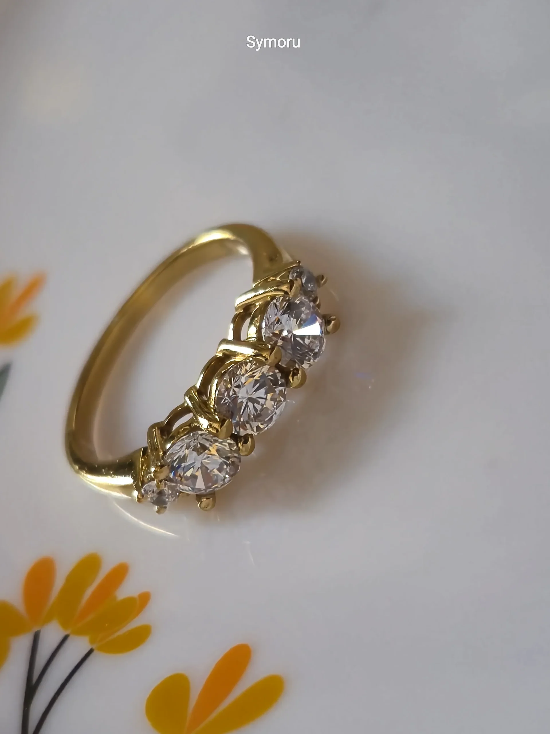 Elegant Three Stone CZ Gold Plated Brass Ring for Women | Diamond Look Daily & Party Wear | Symoru - Image 3