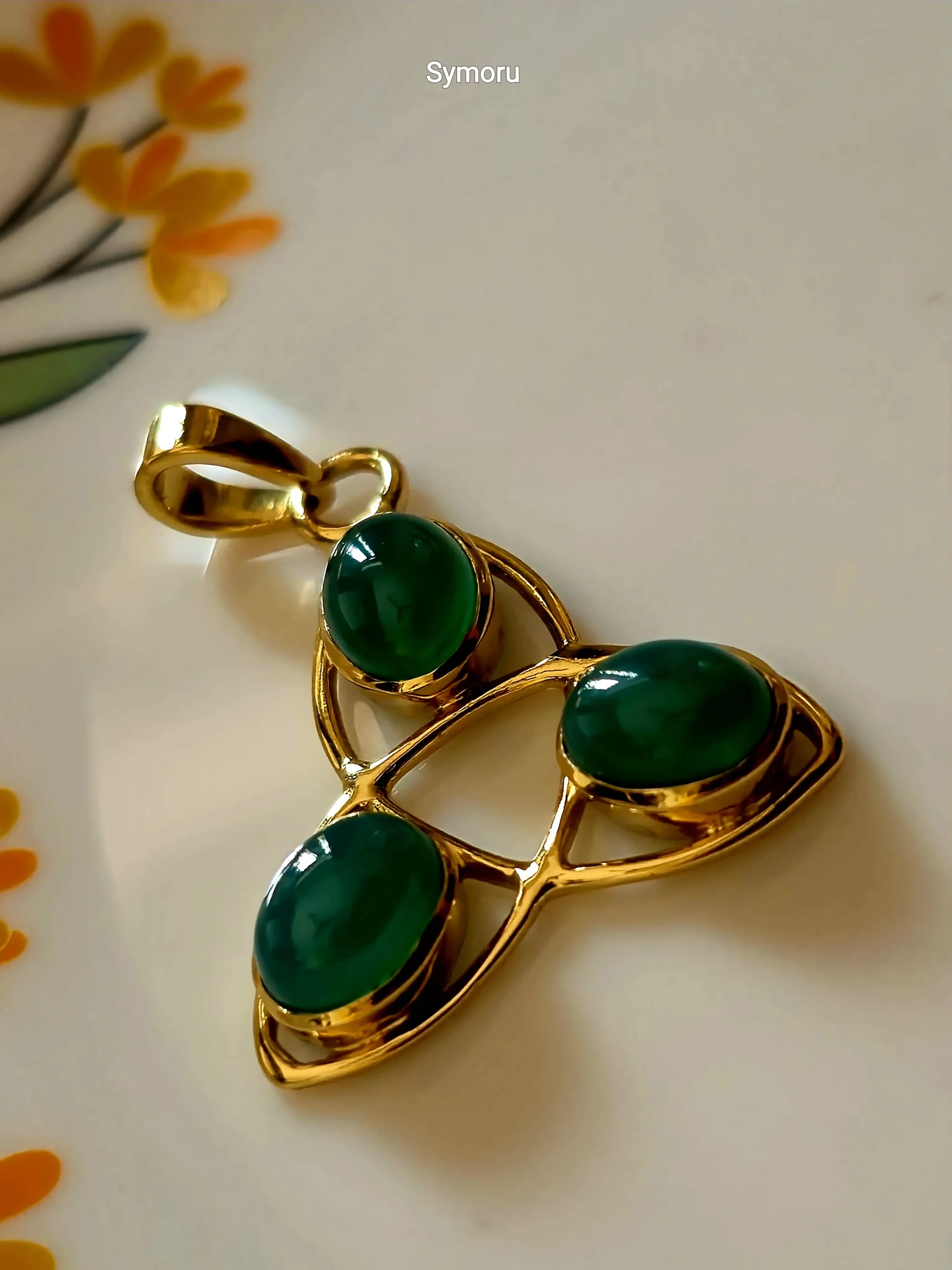 Gold Tone Brass Triple Green Onyx Look Pendant | Elegant Oval Cabochon Leaf Design Necklace Charm for Women | Luxury Statement Jewelry by Symoru - Image 3