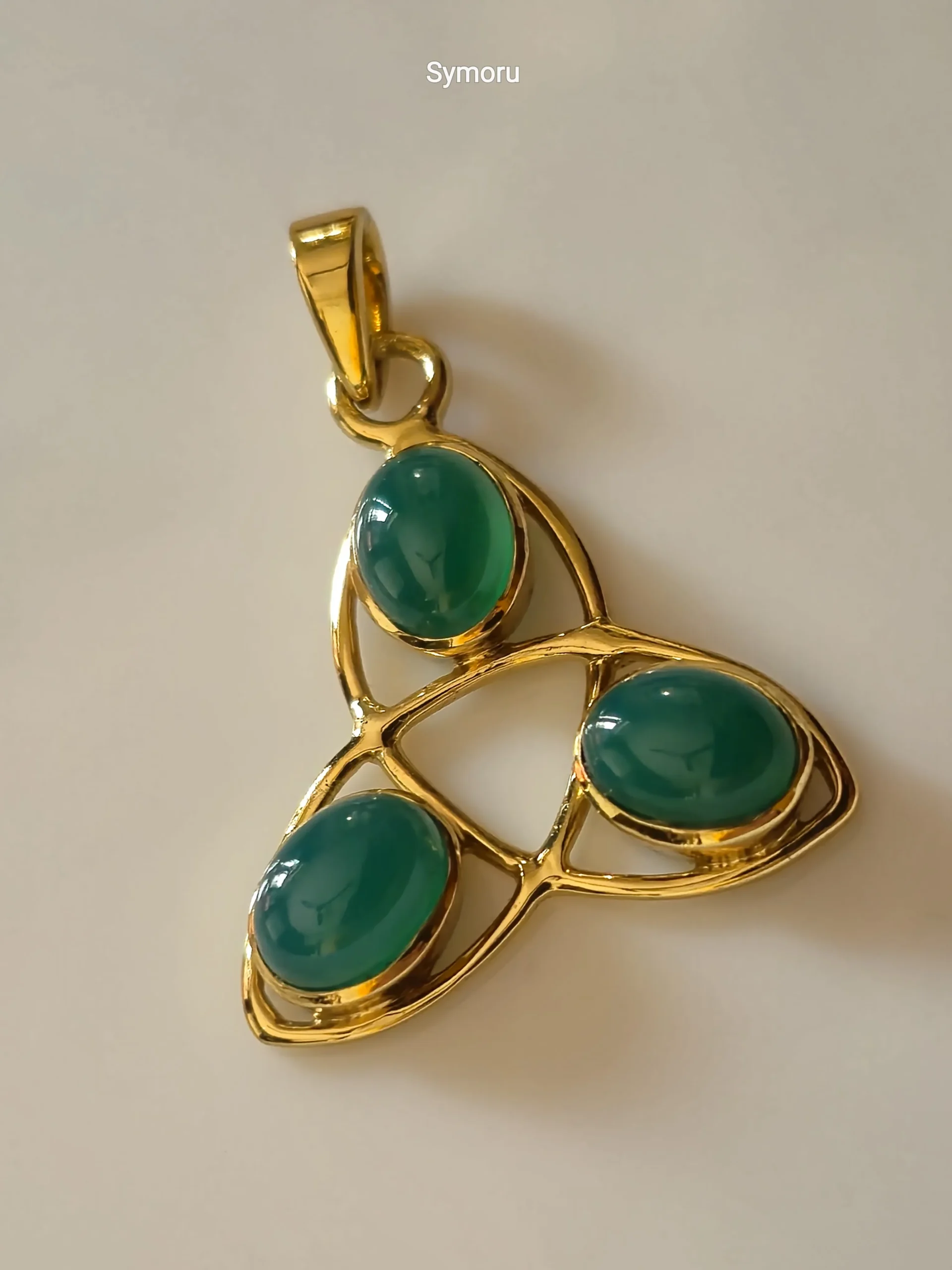 Gold Tone Brass Triple Green Onyx Look Pendant | Elegant Oval Cabochon Leaf Design Necklace Charm for Women | Luxury Statement Jewelry by Symoru - Image 4