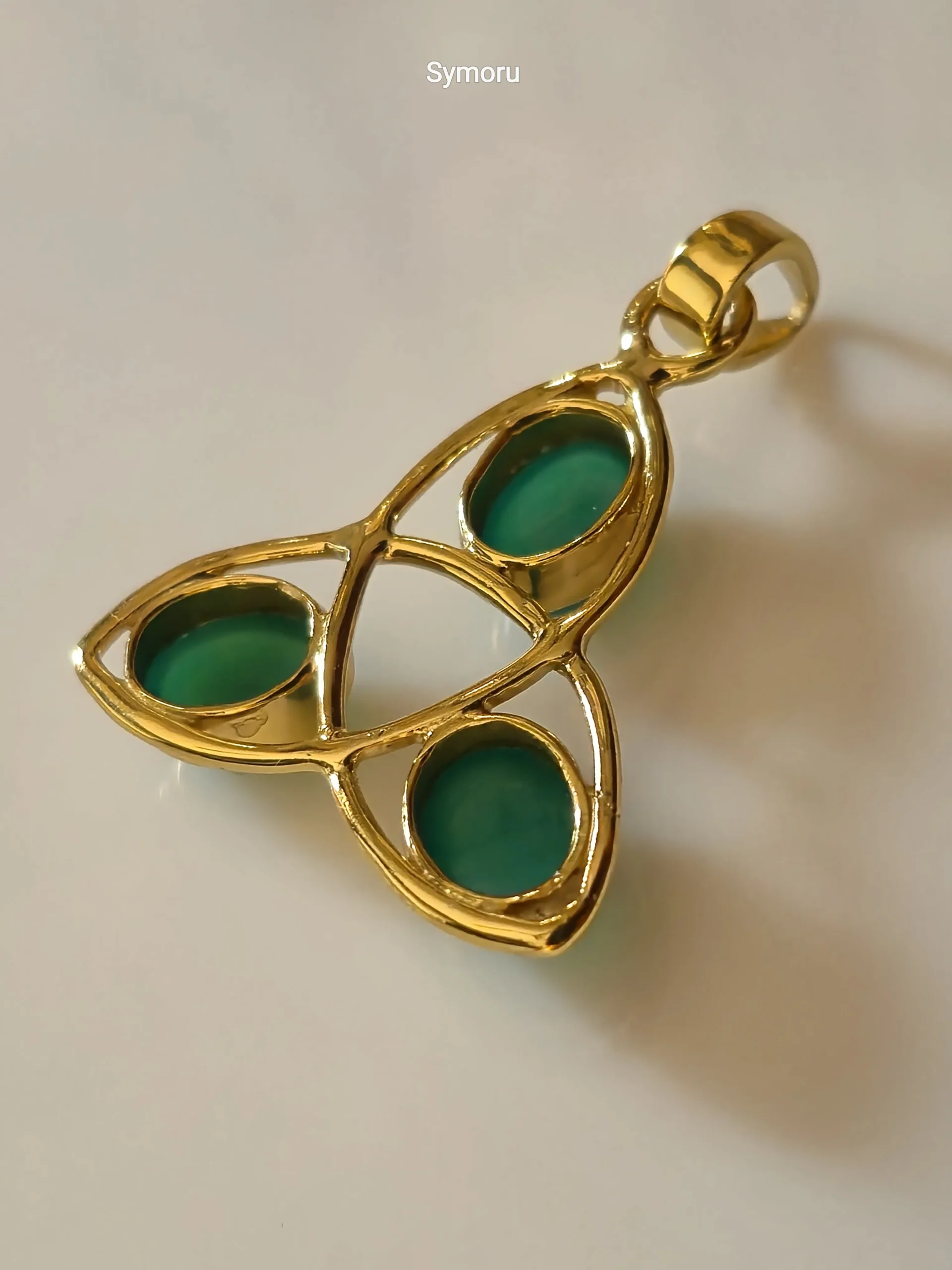 Gold Tone Brass Triple Green Onyx Look Pendant | Elegant Oval Cabochon Leaf Design Necklace Charm for Women | Luxury Statement Jewelry by Symoru - Image 5