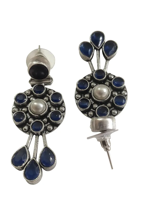 Oxidized Brass Blue Stone & Pearl Stud Earrings | Handmade Vintage Style Statement Earrings | Ethnic Indian Jewelry for Women - Image 5