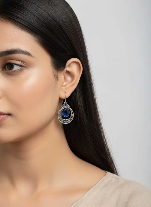 Oxidized Brass Blue Stone Filigree Drop Earrings | Handmade Vintage Oval Hoop Earrings for Women | Ethnic Tribal Boho Jewelry Gift - Image 2