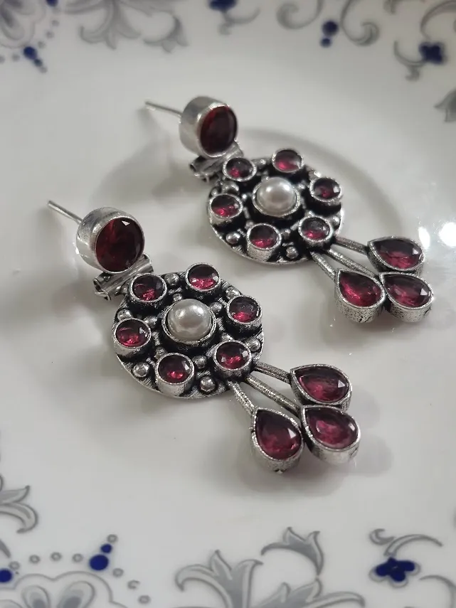 Vintage Silver Look Brass Earrings with Red Stone & Pearl Drop | Handmade Oxidized Statement Earrings | Ethnic Indian Jewelry for Women - Image 2