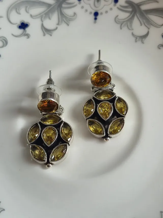 Oxidized Brass Green & Gold Stone Drop Earrings