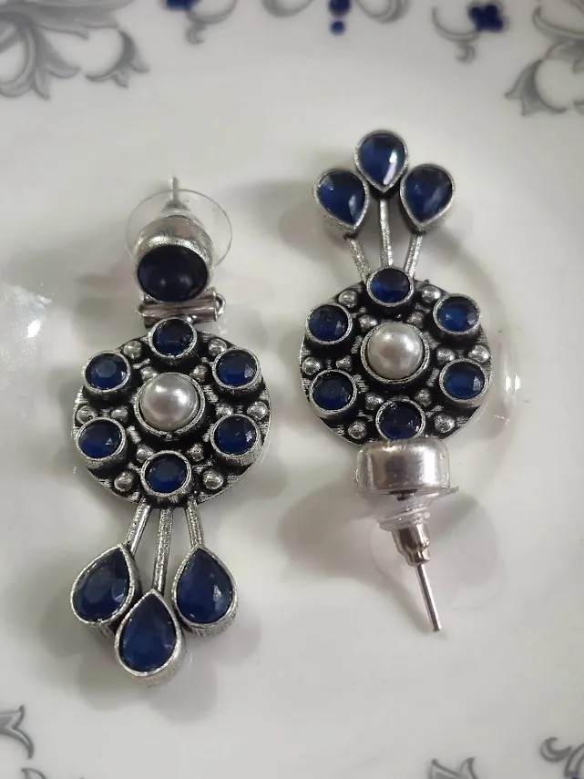 Oxidized Brass Blue Stone & Pearl Stud Earrings | Handmade Vintage Style Statement Earrings | Ethnic Indian Jewelry for Women - Image 3