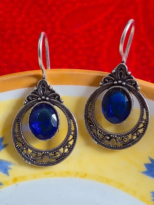 Oxidized Brass Blue Stone Filigree Drop Earrings | Handmade Vintage Oval Hoop Earrings for Women | Ethnic Tribal Boho Jewelry Gift - Image 5