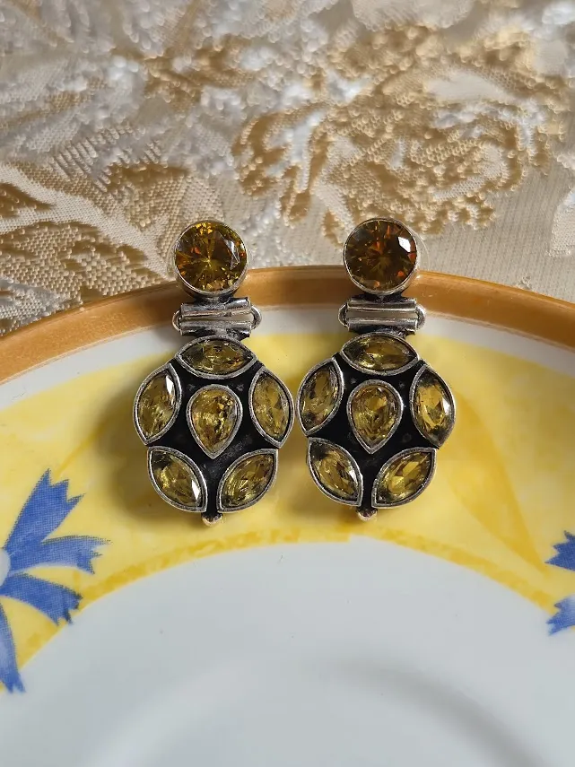 Oxidized Brass Green & Gold Stone Drop Earrings | Handmade Crystal Statement Earrings | Boho Ethnic Jewelry for Women - Image 4