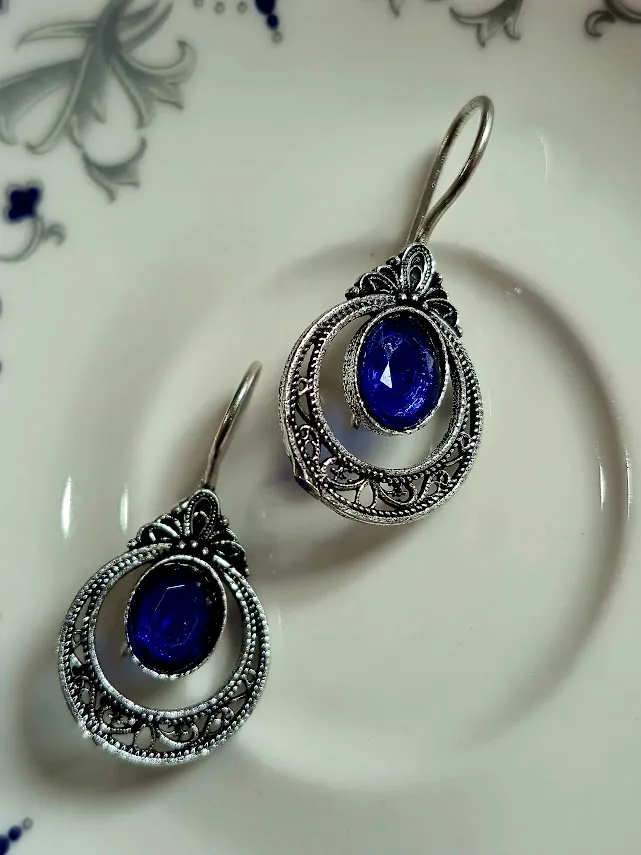 Oxidized Brass Blue Stone Filigree Drop Earrings | Handmade Vintage Oval Hoop Earrings for Women | Ethnic Tribal Boho Jewelry Gift - Image 4