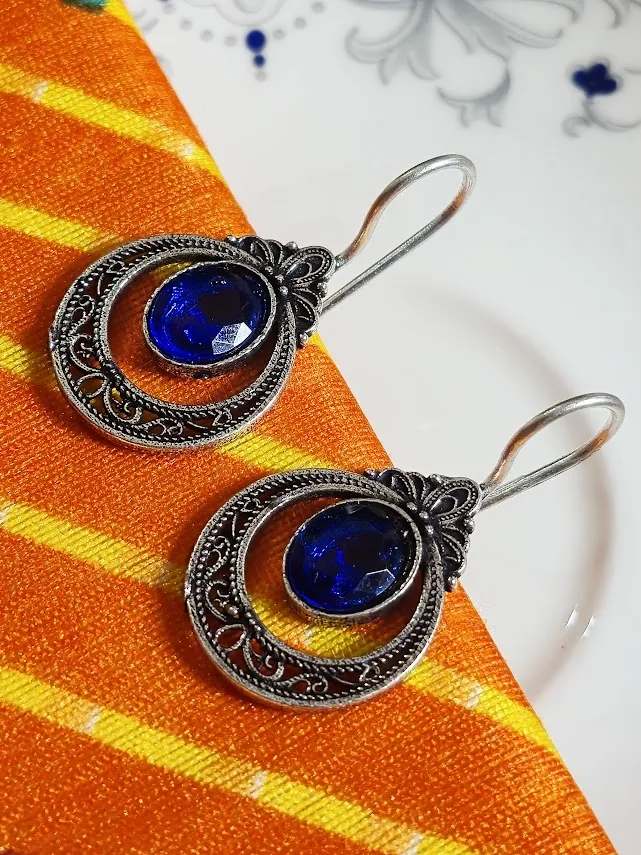 Oxidized Brass Blue Stone Filigree Drop Earrings
