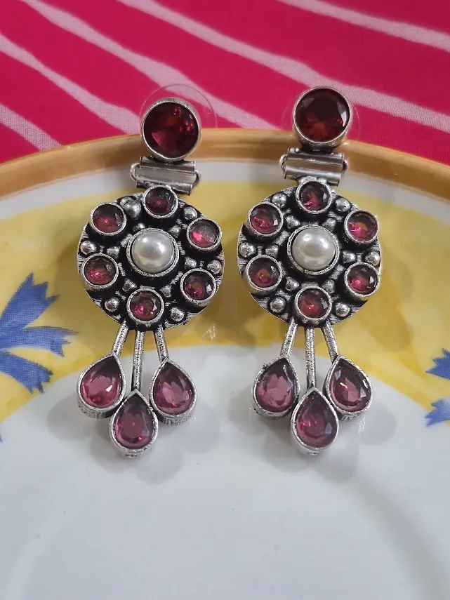 Vintage Silver Look Brass Earrings with Red Stone & Pearl Drop | Handmade Oxidized Statement Earrings | Ethnic Indian Jewelry for Women - Image 3