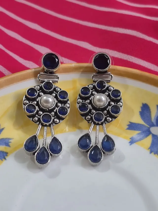 Oxidized Brass Blue Stone & Pearl Stud Earrings | Handmade Vintage Style Statement Earrings | Ethnic Indian Jewelry for Women - Image 4