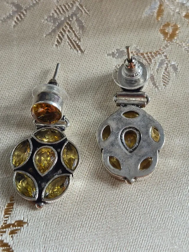 Oxidized Brass Green & Gold Stone Drop Earrings | Handmade Crystal Statement Earrings | Boho Ethnic Jewelry for Women - Image 3
