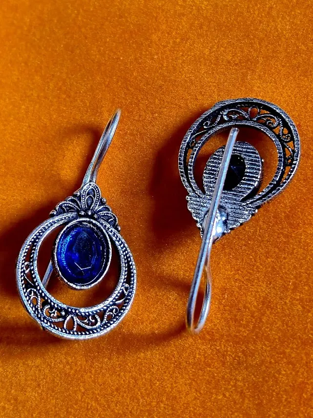 Oxidized Brass Blue Stone Filigree Drop Earrings | Handmade Vintage Oval Hoop Earrings for Women | Ethnic Tribal Boho Jewelry Gift - Image 3