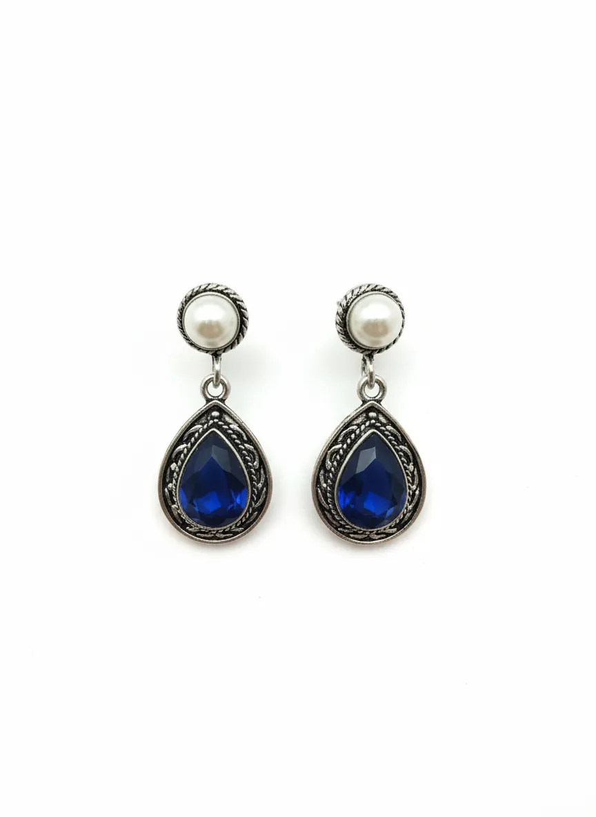 Oxidized Brass Blue Stone Teardrop Earrings with Pearl Stud | Handmade Vintage Drop Earrings for Women | Ethnic Boho Jewelry - Image 2