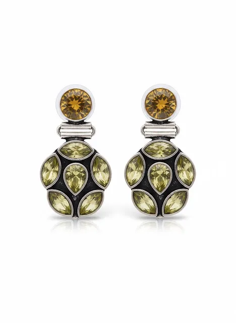 Oxidized Brass Green & Gold Stone Drop Earrings | Handmade Crystal Statement Earrings | Boho Ethnic Jewelry for Women