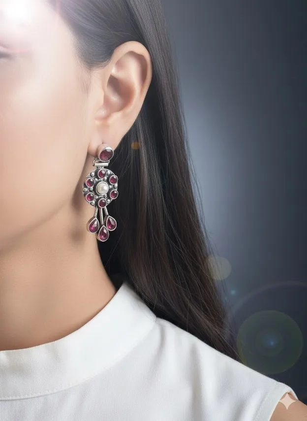Vintage Silver Look Brass Earrings with Red Stone & Pearl Drop