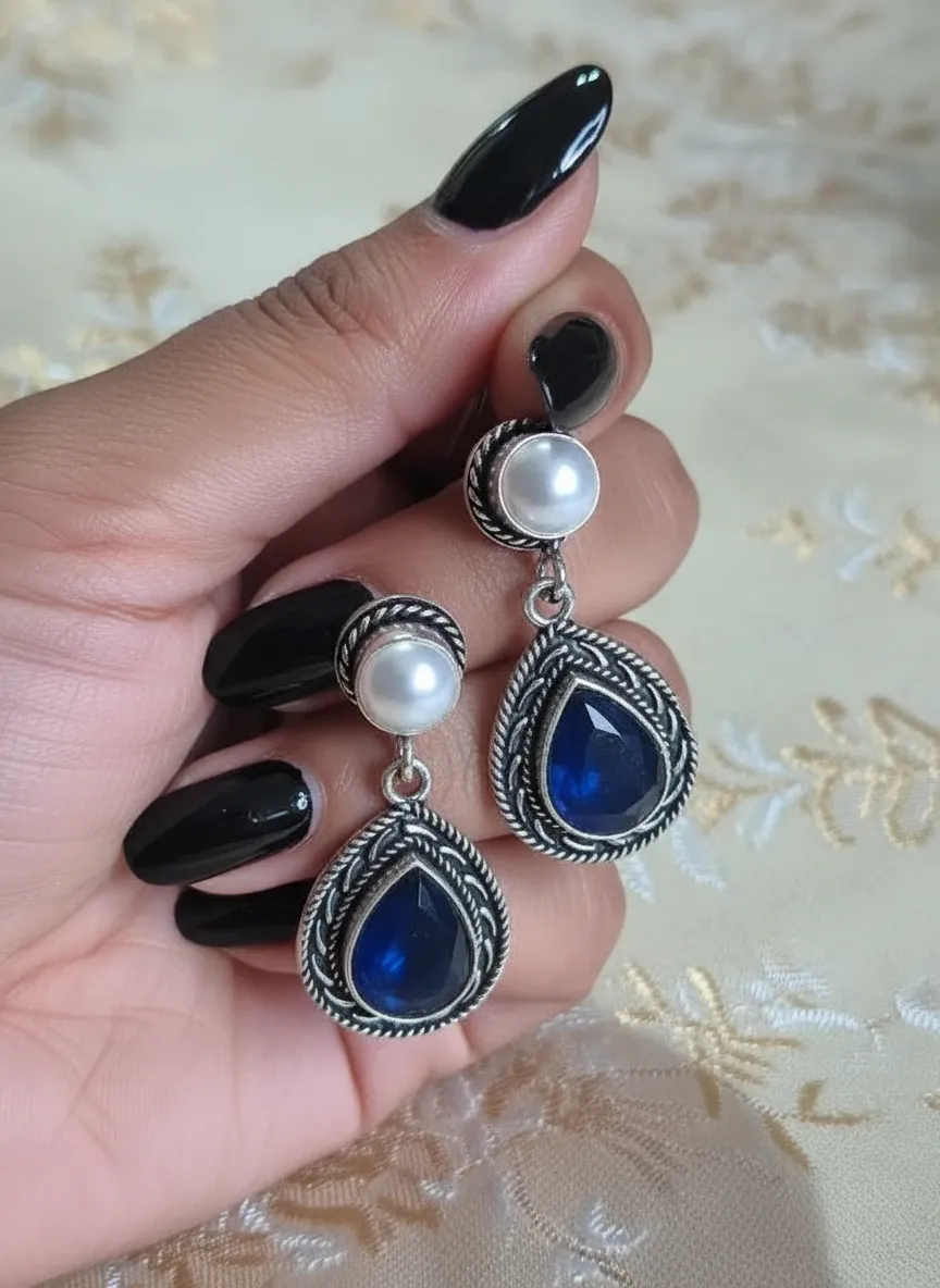 Oxidized Brass Blue Stone Teardrop Earrings with Pearl Stud | Handmade Vintage Drop Earrings for Women | Ethnic Boho Jewelry - Image 3