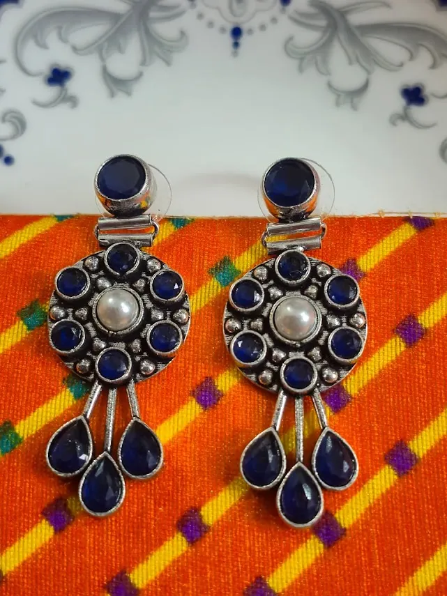 Oxidized Brass Blue Stone & Pearl Stud Earrings