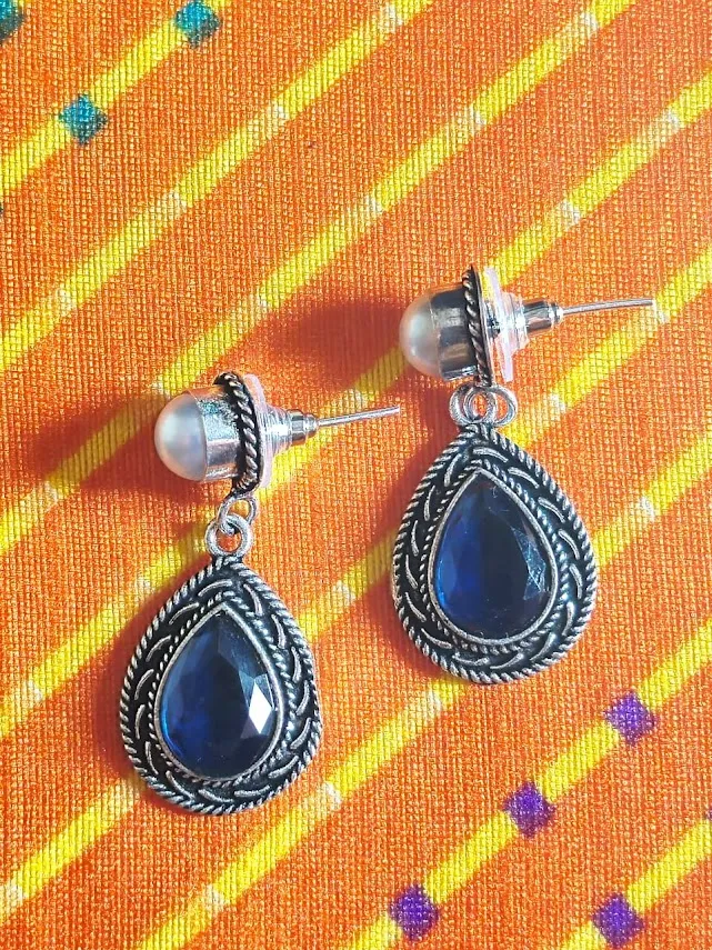 Oxidized Brass Blue Stone Teardrop Earrings with Pearl Stud | Handmade Vintage Drop Earrings for Women | Ethnic Boho Jewelry - Image 4
