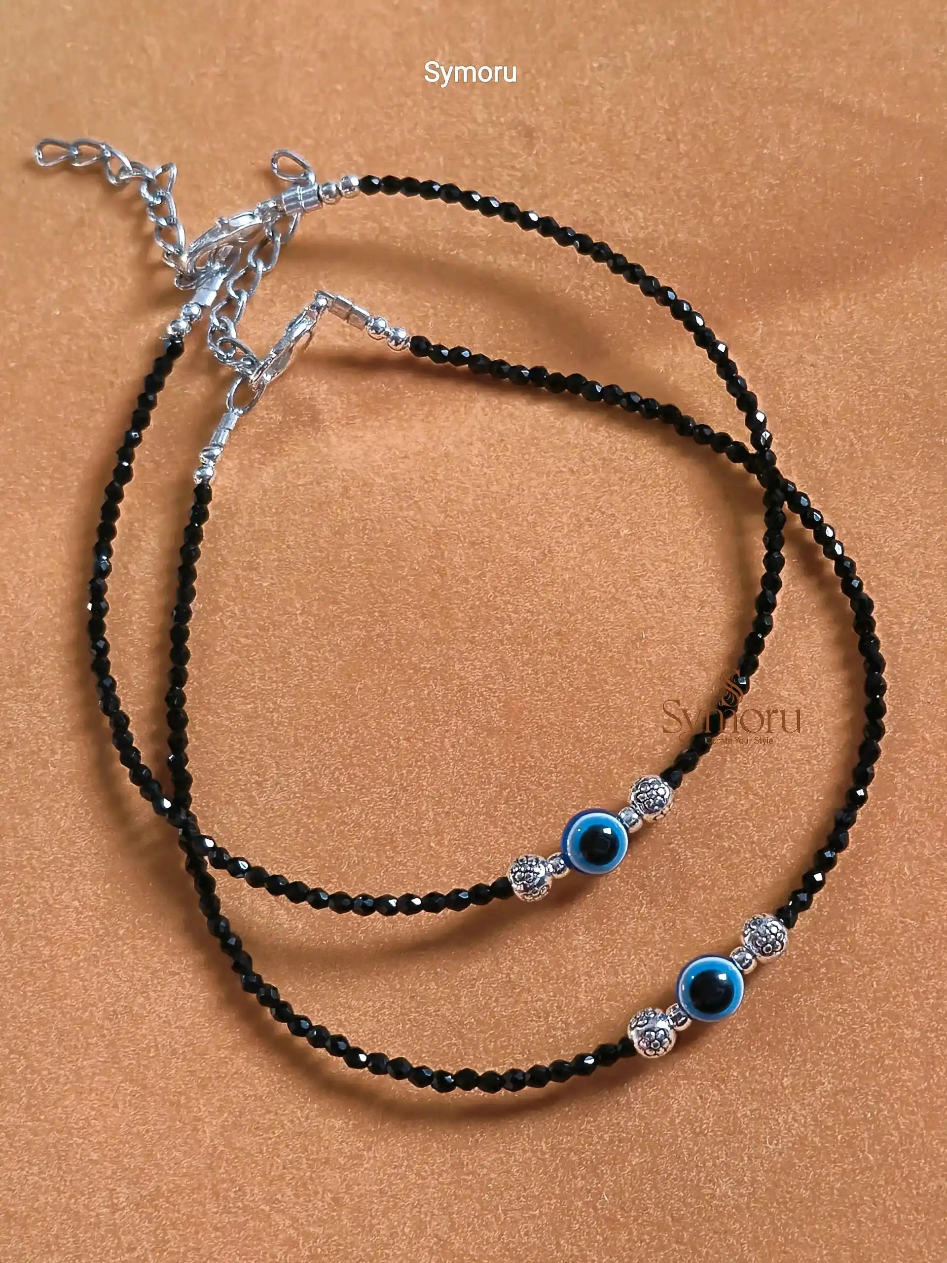 Oxidized Brass Black Beaded Evil Eye Anklet | Adjustable Brass Anklet by Symoru - Image 3